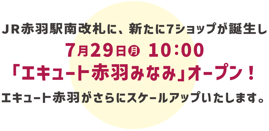 JR赤羽駅南改札に、新たに7ショップが誕生し 7月29日(月)10:00 「エキュート赤羽みなみ」オープン！エキュート赤羽がさらにスケールアップいたします。